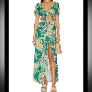 Maaji Green and Blue Printed Maxi Wrap Skirt and tie front crop top from Revolve